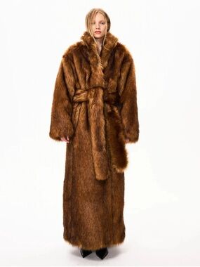 Classic Long Brown Faux-Fur Belted Coat